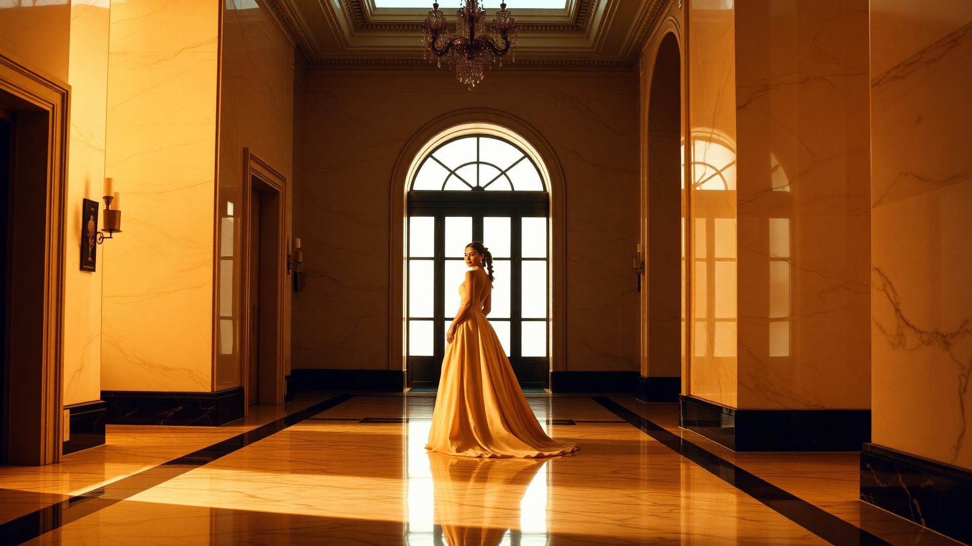 Model in a floor-length gown in a marble hall